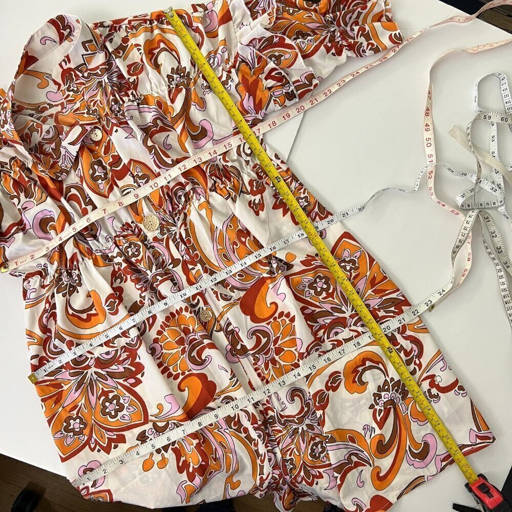 Boho Paisley Floral Ruffle Sleeve Empire Waist Mini Dress Orange Brown White S * - Picture 13 of 13